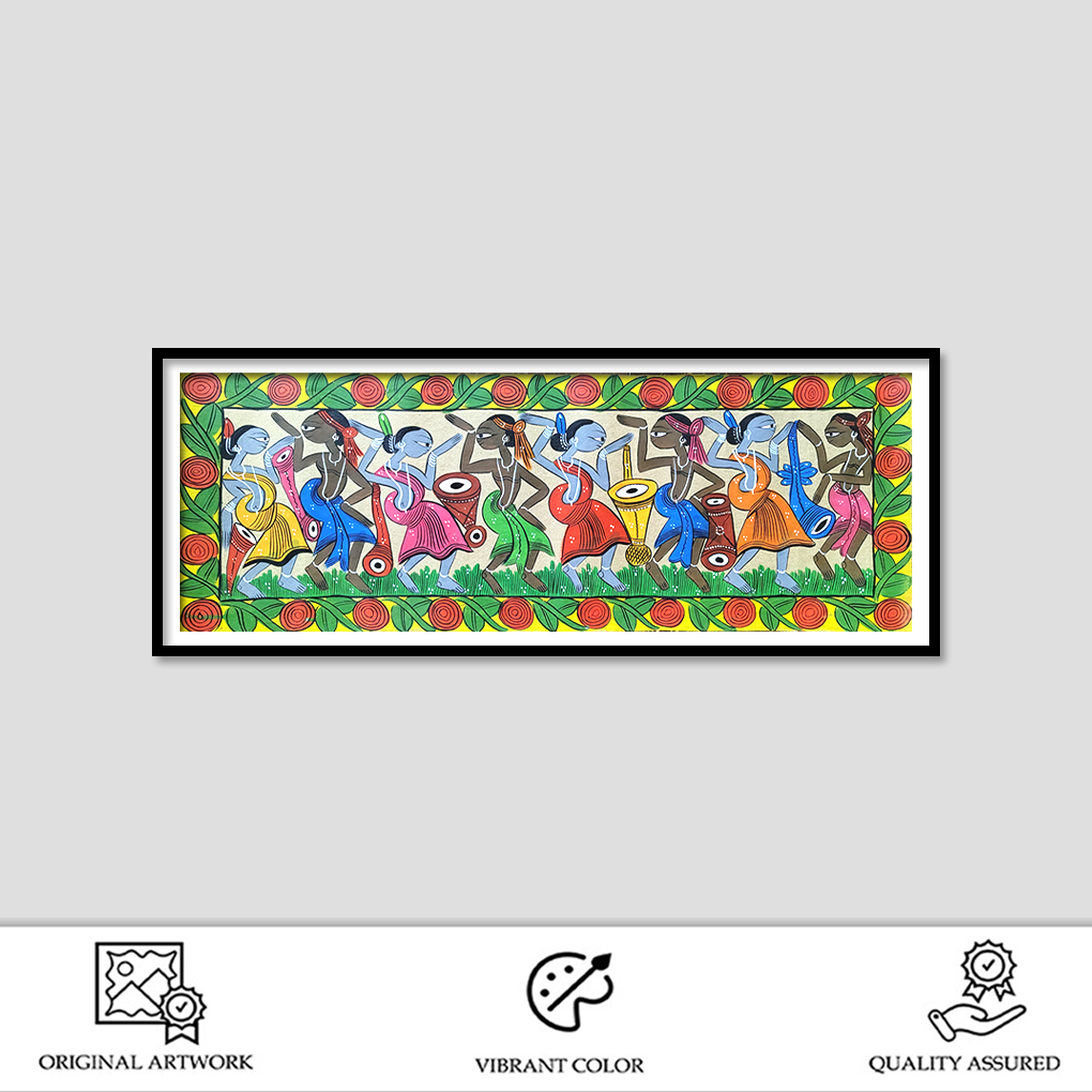 Traditional Pattachitra Tribal Dance Artwork – Vibrant Village Celebration Painting (Without Frame) - Image 2