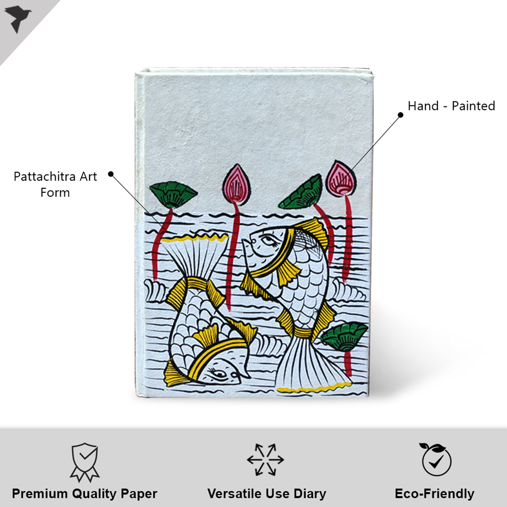 Hand-Painted Pattachitra Art Diary with Handmade Paper | Traditional Fish Birds Design - Image 2