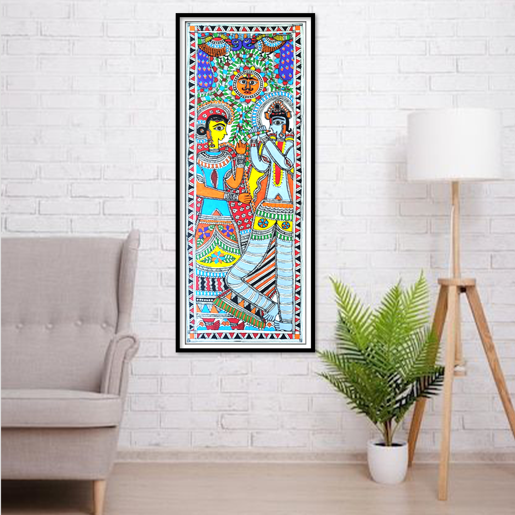 Hand-Painted Madhubani Radha Krishna Artwork | Mithila Folk Painting | Symbol of Love & Devotion
