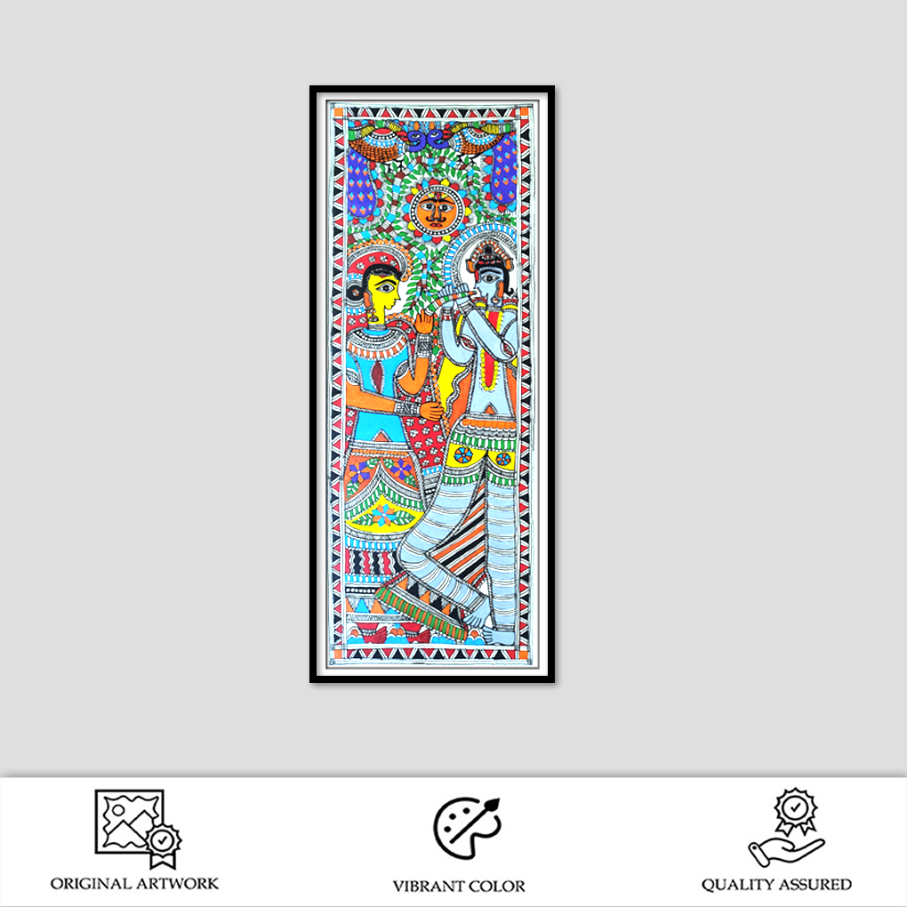 Hand-Painted Madhubani Radha Krishna Artwork | Mithila Folk Painting | Symbol of Love & Devotion - Image 2