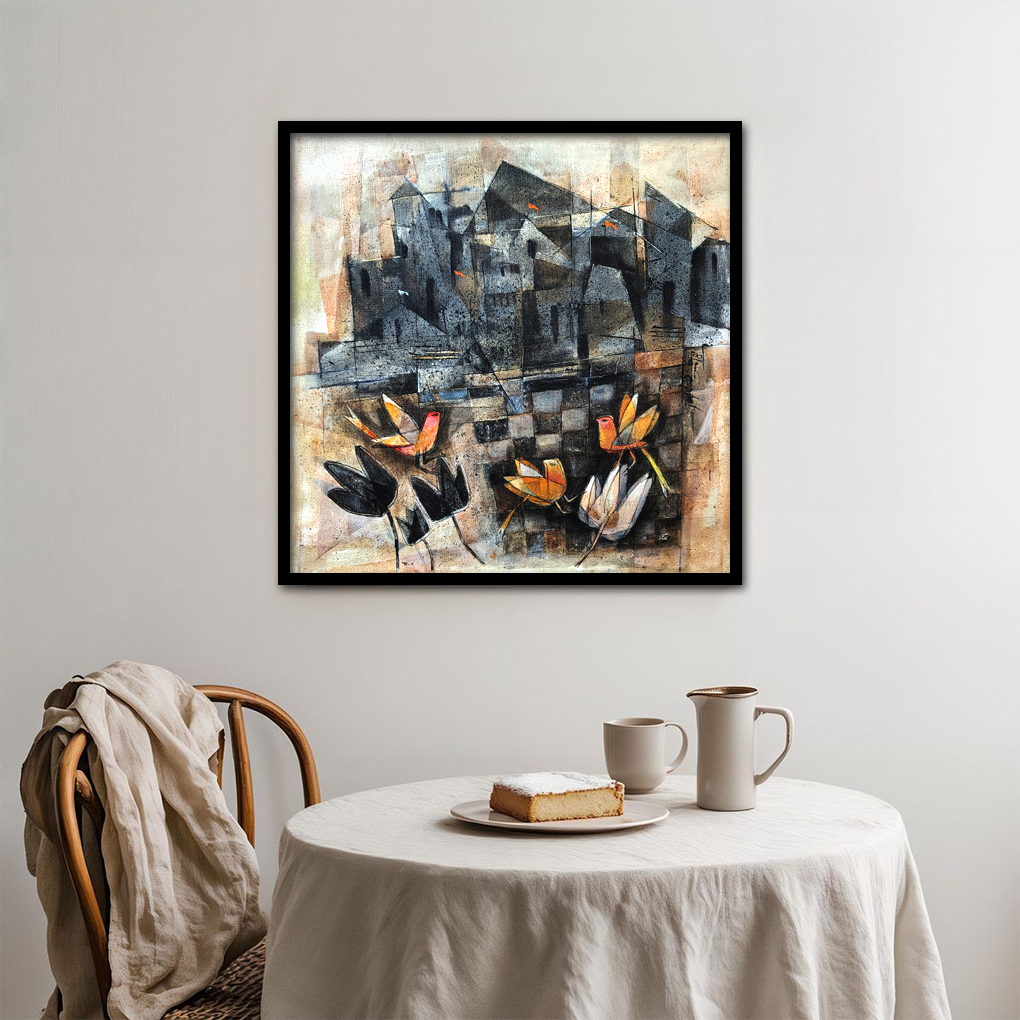 Urban Harmony – Abstract Cityscape with Lotus Blooms