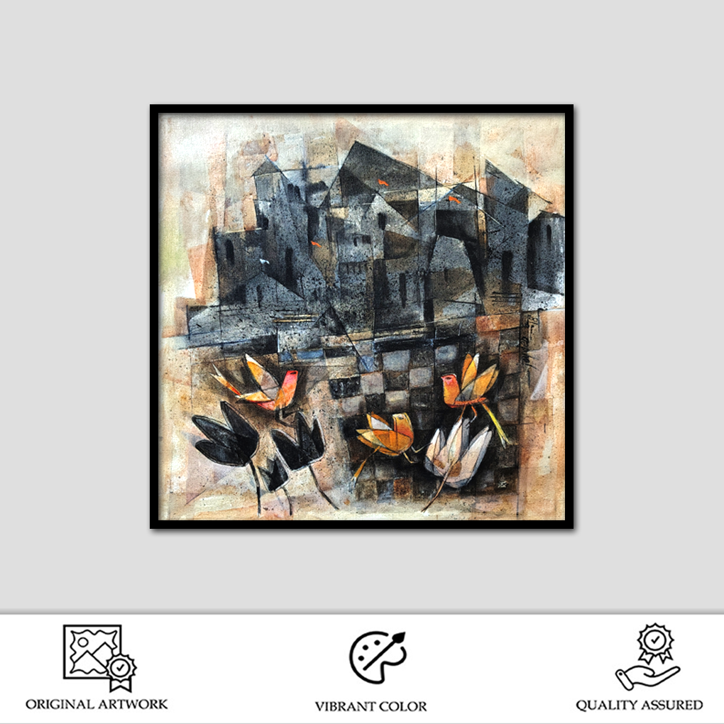 Urban Harmony – Abstract Cityscape with Lotus Blooms - Image 2