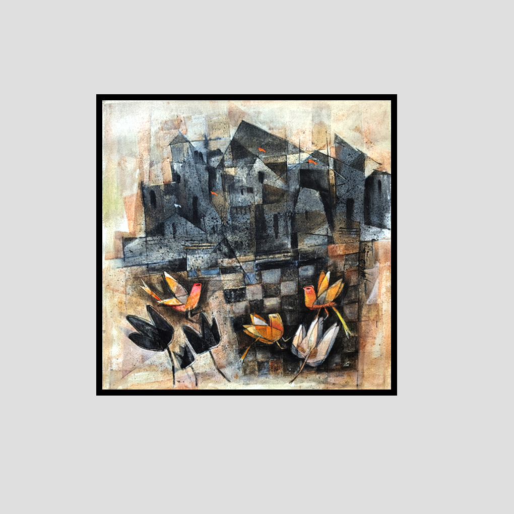 Urban Harmony – Abstract Cityscape with Lotus Blooms - Image 3