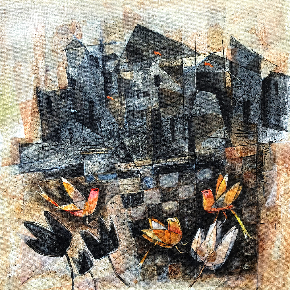 Urban Harmony – Abstract Cityscape with Lotus Blooms - Image 4