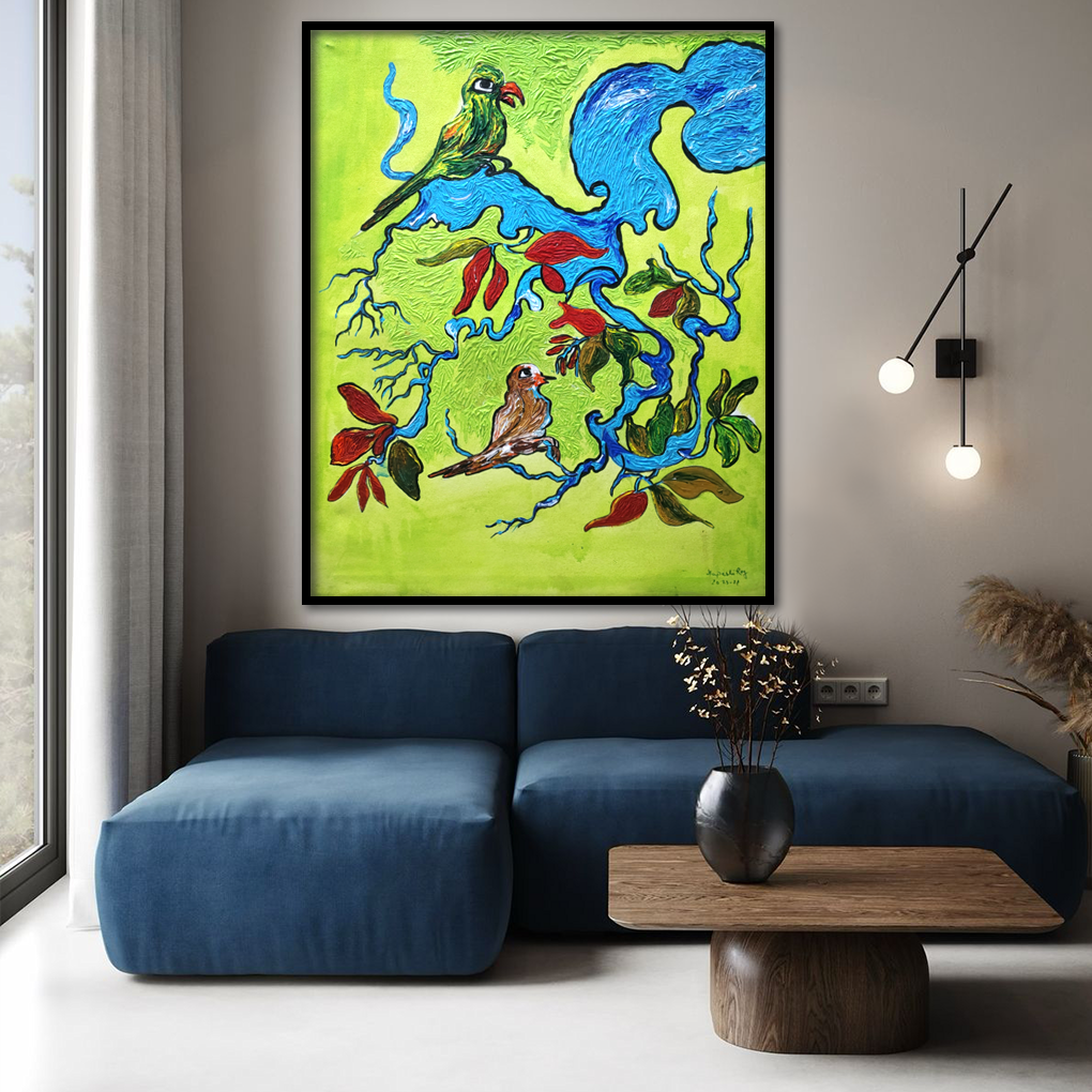 Nature-Inspired Birds & Tree Abstract Painting – Handcrafted Canvas Art