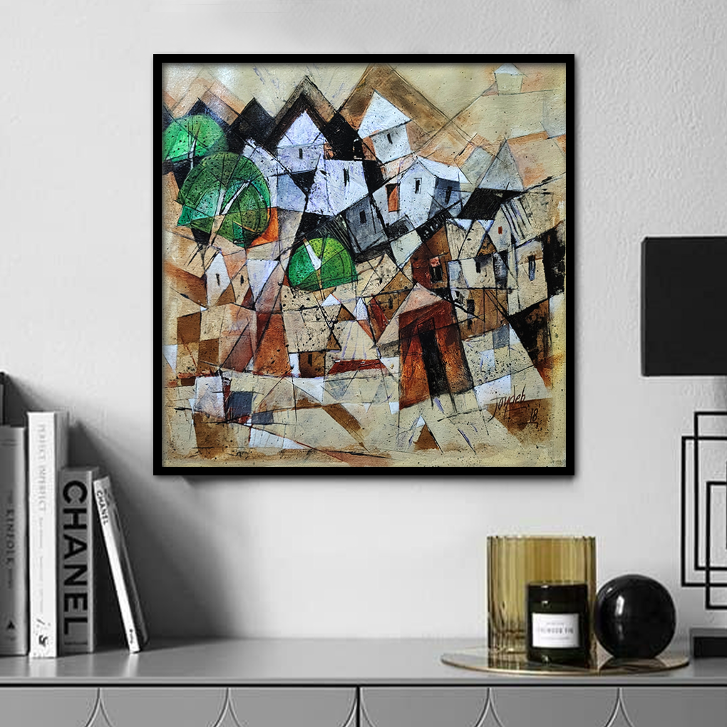 Abstract Village Cubist Painting – Hand-Painted Contemporary Art