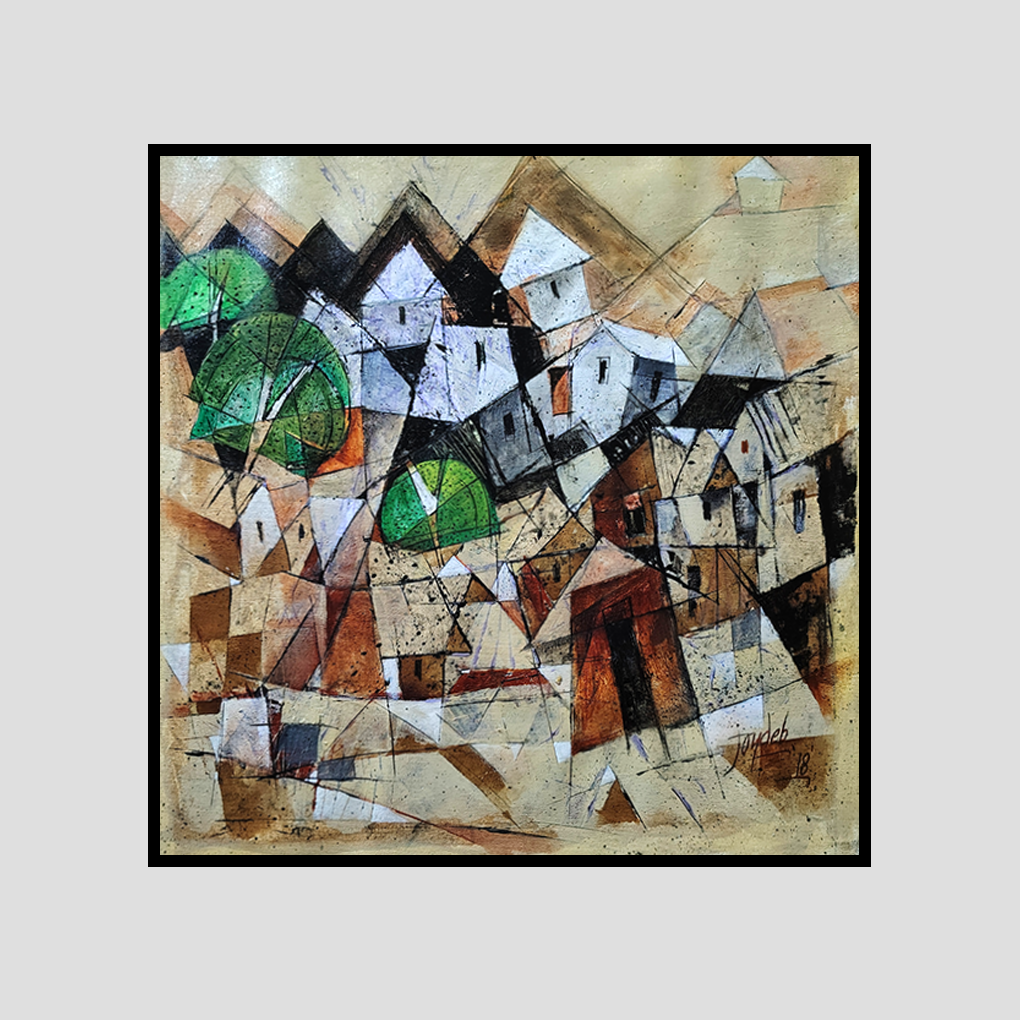 Abstract Village Cubist Painting – Hand-Painted Contemporary Art - Image 3
