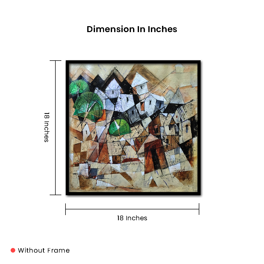 Abstract Village Cubist Painting – Hand-Painted Contemporary Art - Image 4