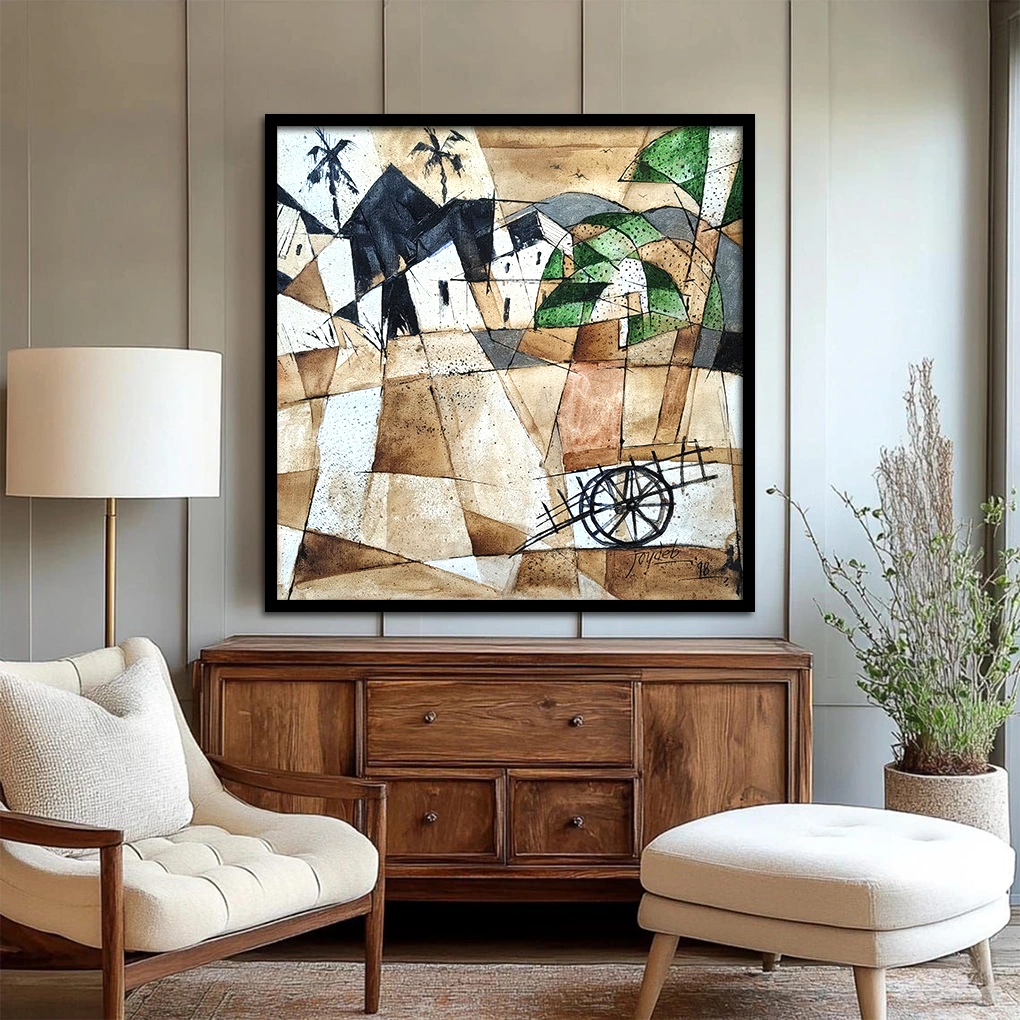 Cubist Village Landscape Painting – Hand-Painted Abstract Art