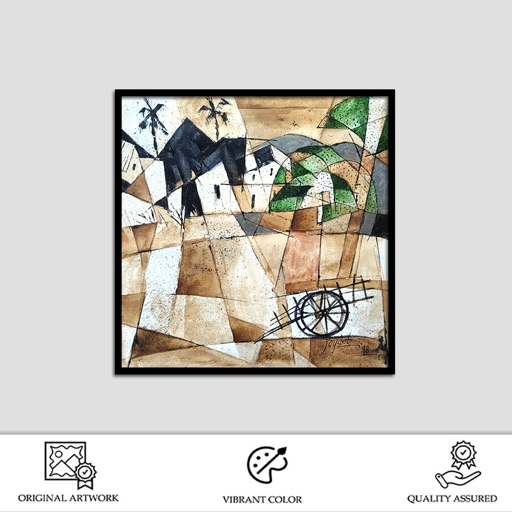 Cubist Village Landscape Painting – Hand-Painted Abstract Art - Image 2
