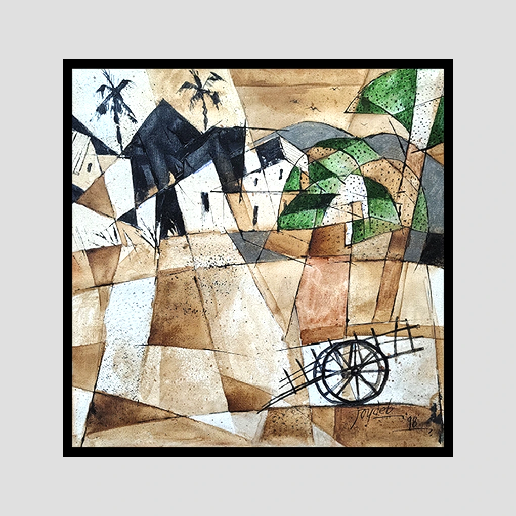 Cubist Village Landscape Painting – Hand-Painted Abstract Art - Image 3