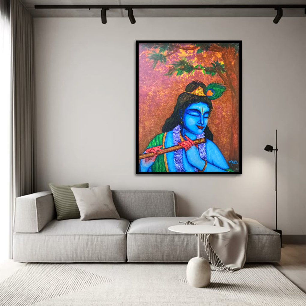 Divine Krishna Playing Flute – Spiritual Canvas Painting