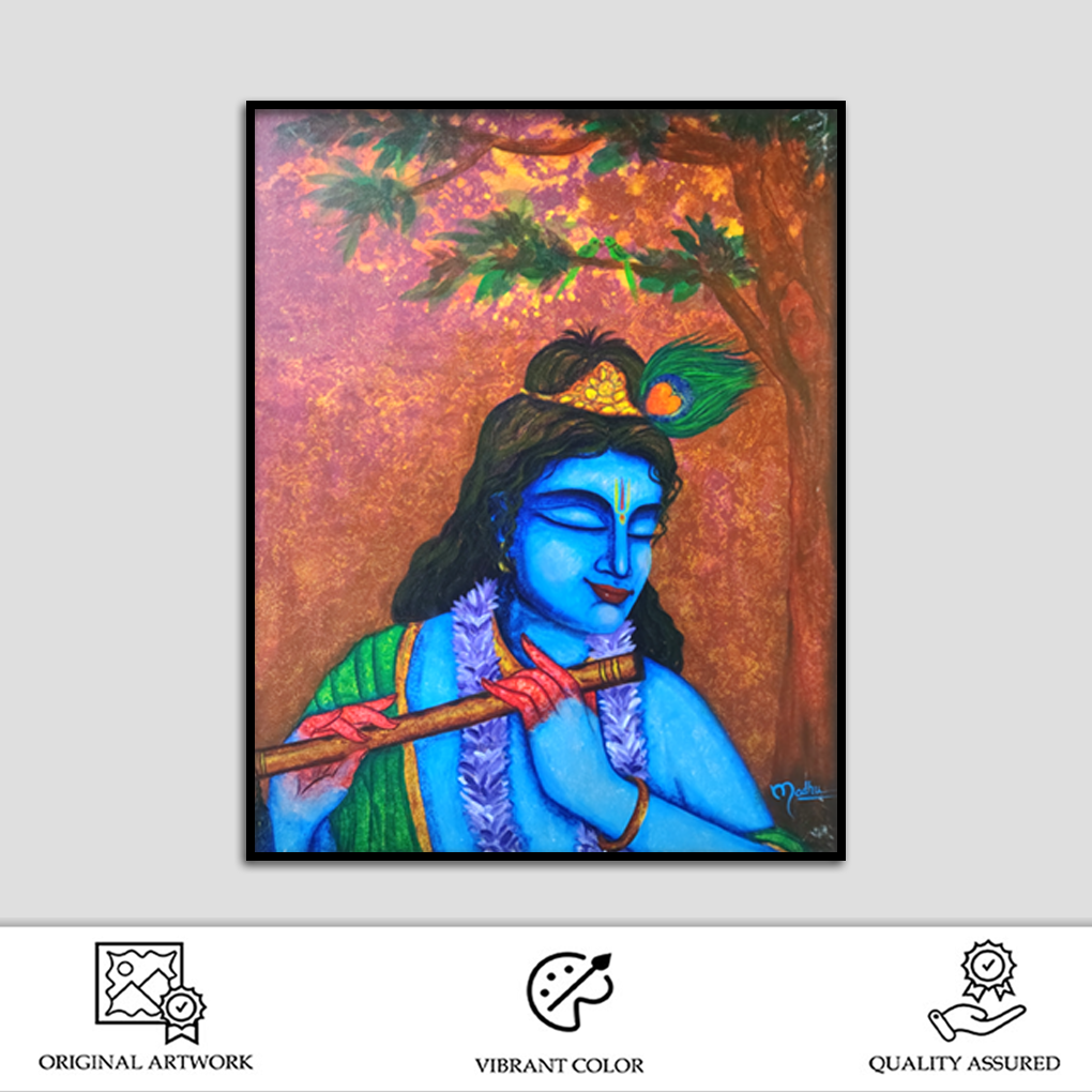 Divine Krishna Playing Flute – Spiritual Canvas Painting - Image 2