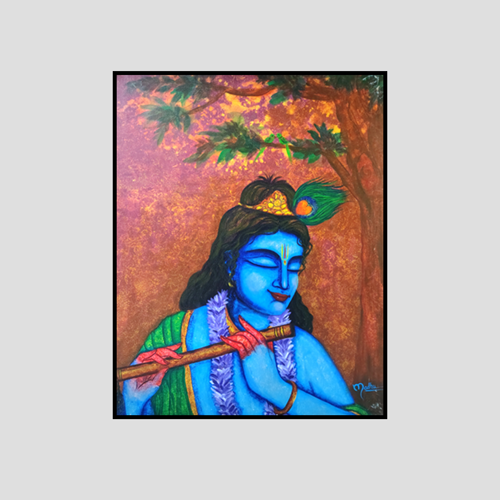 Divine Krishna Playing Flute – Spiritual Canvas Painting - Image 3
