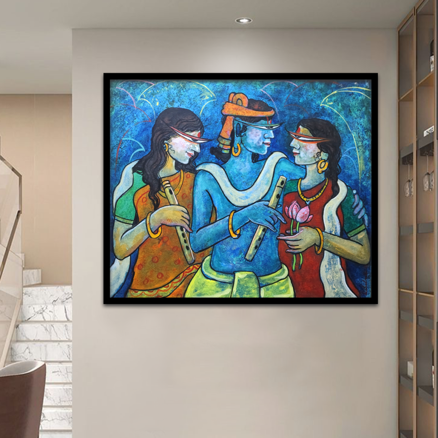 Krishna With Gopis – Devotional Multicolour Canvas Painting