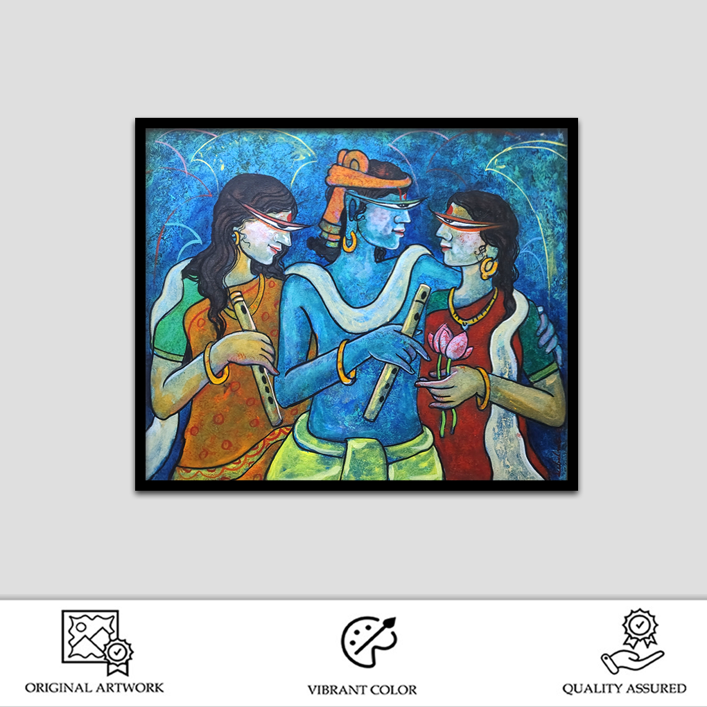 Krishna With Gopis – Devotional Multicolour Canvas Painting - Image 2