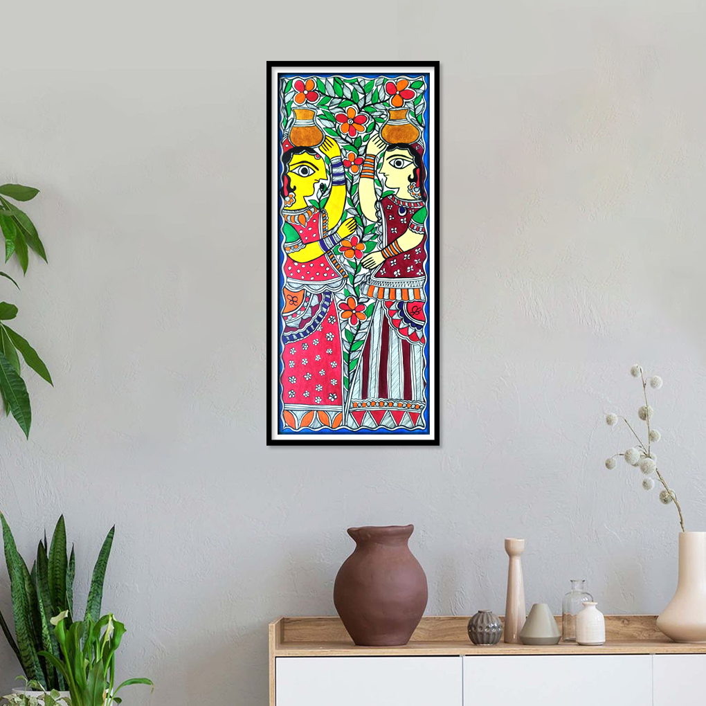Village Women with Earthen Pots – Hand-Painted Madhubani Folk Art (Vertical Wall Décor)
