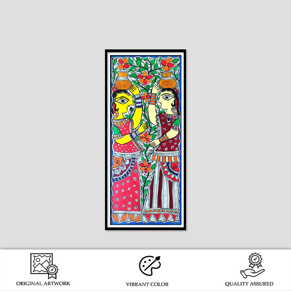 Village Women with Earthen Pots – Hand-Painted Madhubani Folk Art (Vertical Wall Décor) - Image 2