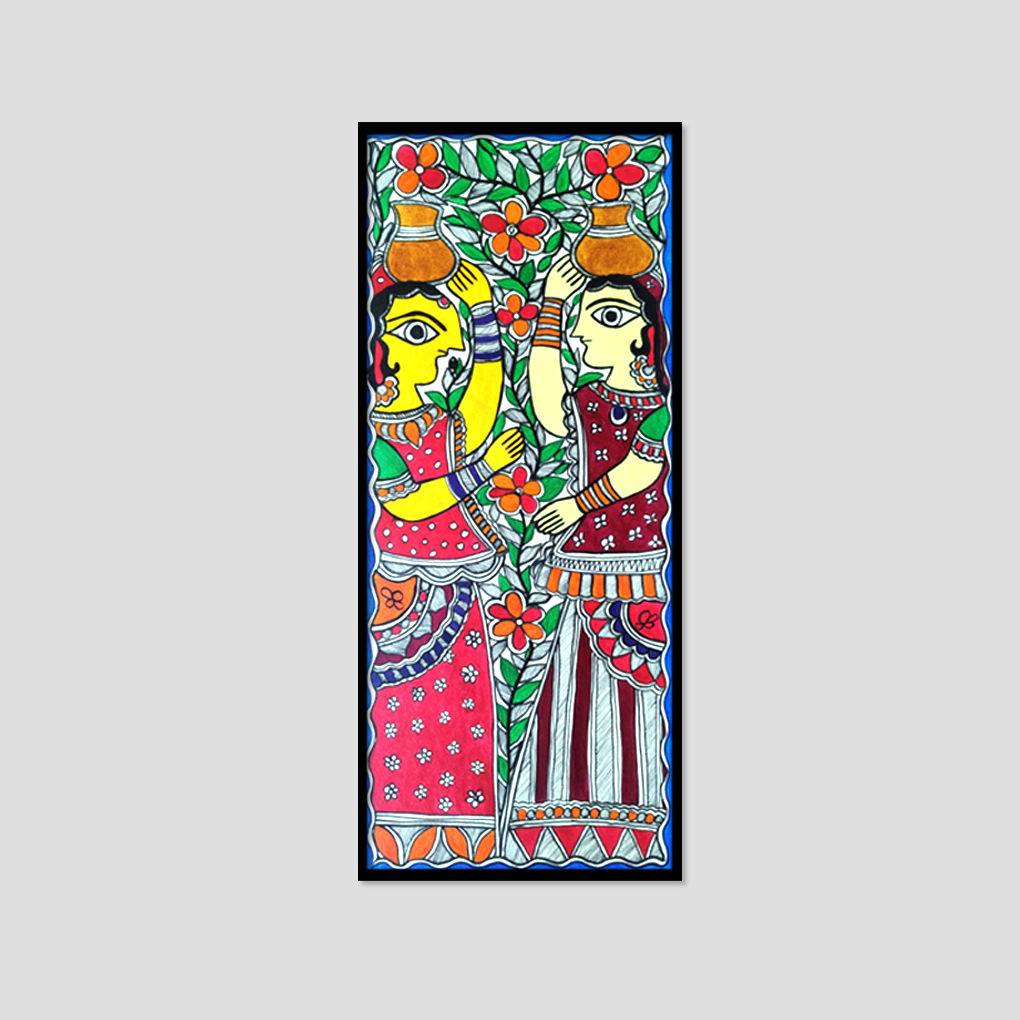 Village Women with Earthen Pots – Hand-Painted Madhubani Folk Art (Vertical Wall Décor) - Image 3