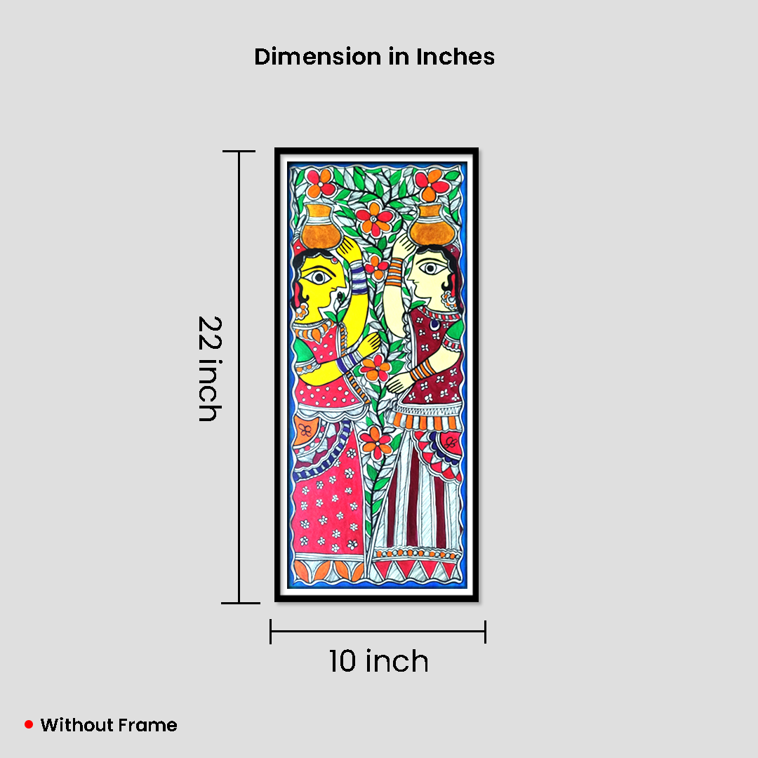 Village Women with Earthen Pots – Hand-Painted Madhubani Folk Art (Vertical Wall Décor) - Image 4