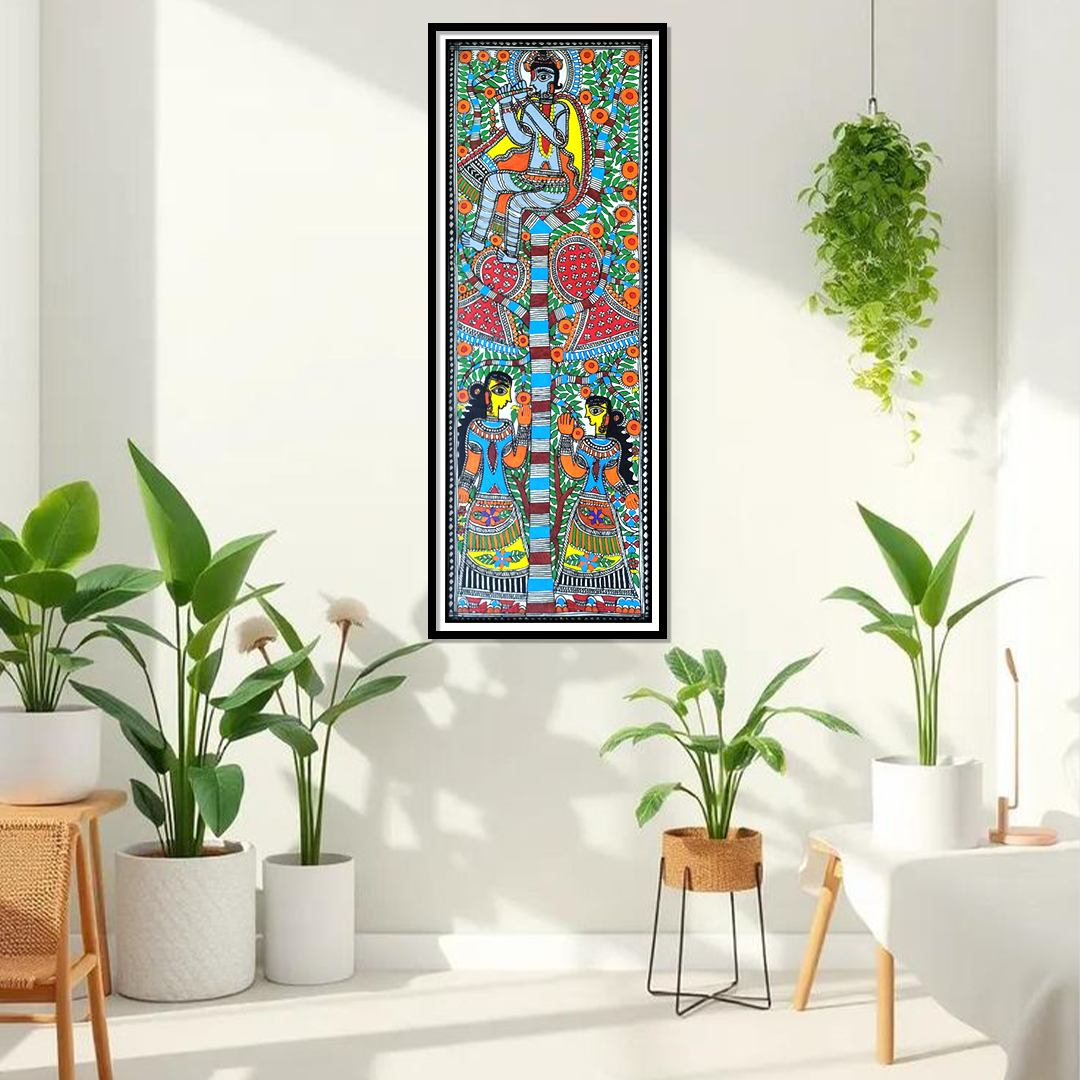 Hand-Painted Madhubani Tree of Life With Krishna & Gopis | Traditional Mithila Folk Art