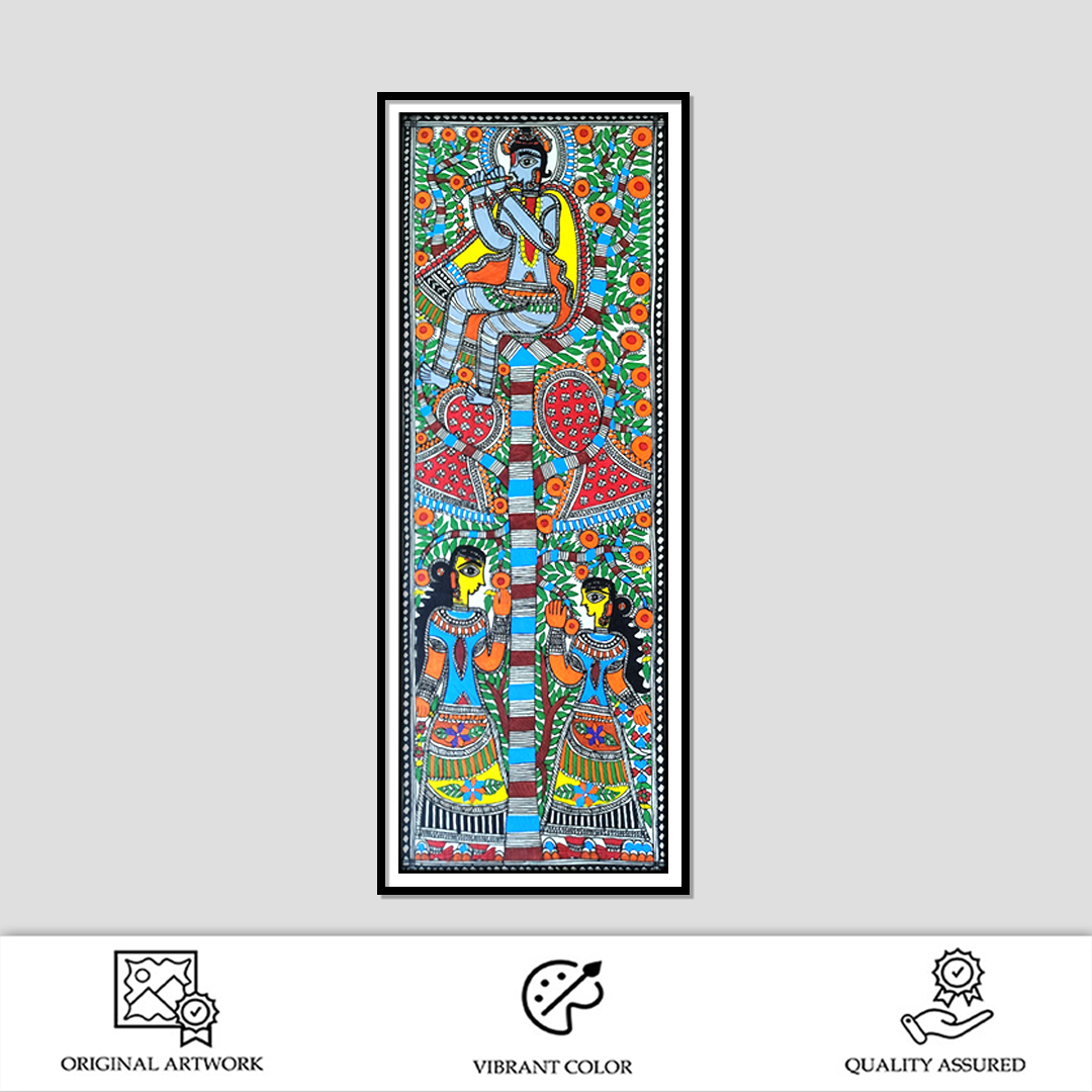 Hand-Painted Madhubani Tree of Life With Krishna & Gopis | Traditional Mithila Folk Art - Image 2