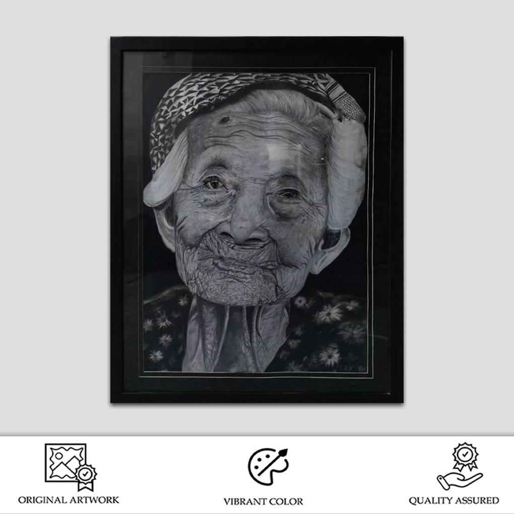 Realistic Portrait of an Elderly Woman – Charcoal Art on Paper - Image 2