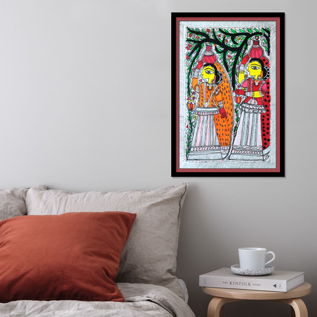 Hand-Painted Madhubani Village Women Artwork | Traditional Mithila Folk Painting