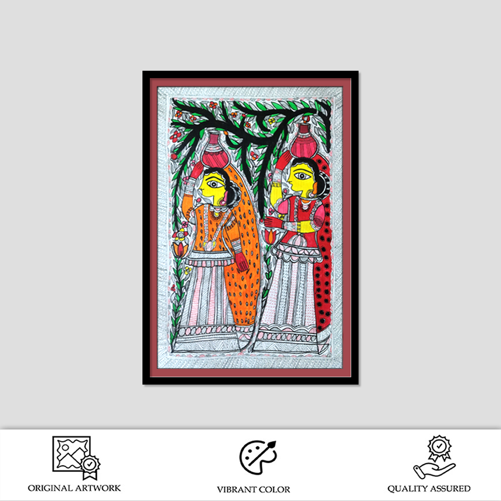 Hand-Painted Madhubani Village Women Artwork | Traditional Mithila Folk Painting - Image 2