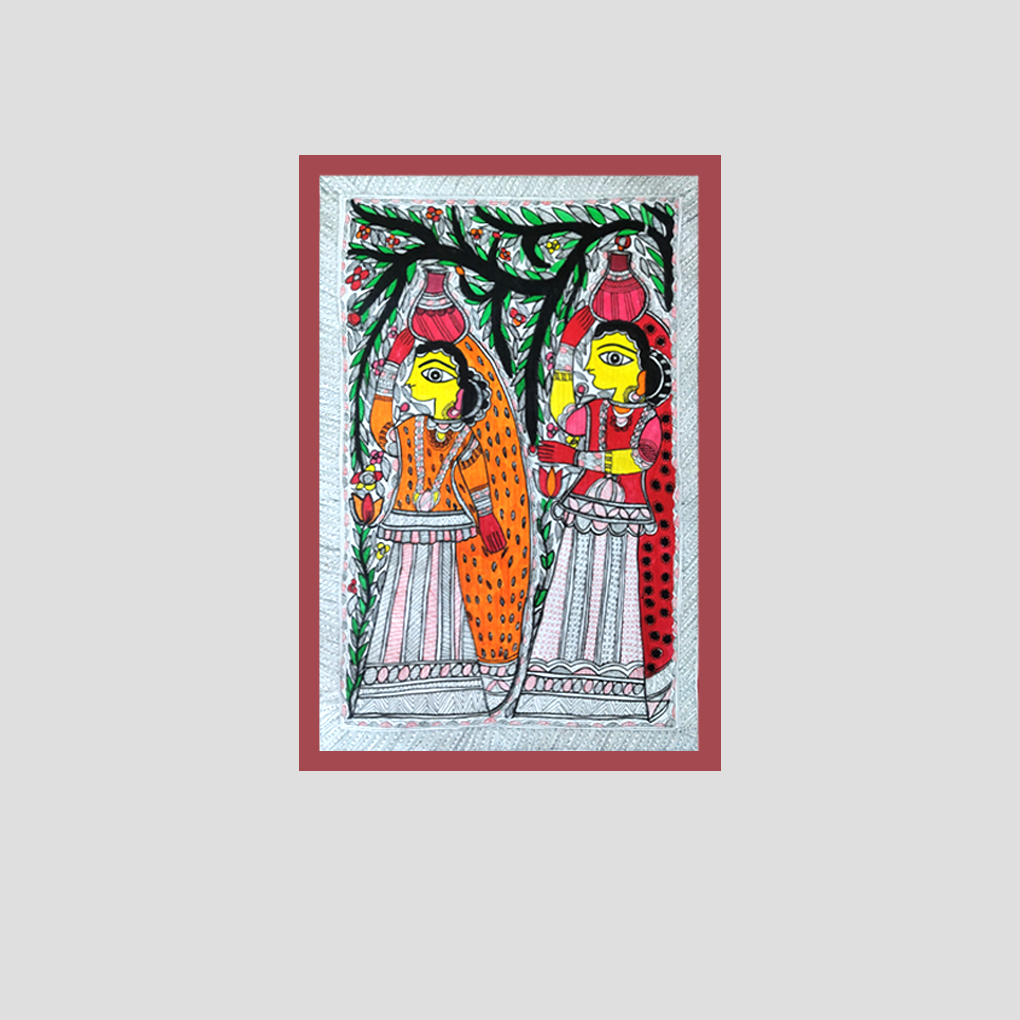 Hand-Painted Madhubani Village Women Artwork | Traditional Mithila Folk Painting - Image 3