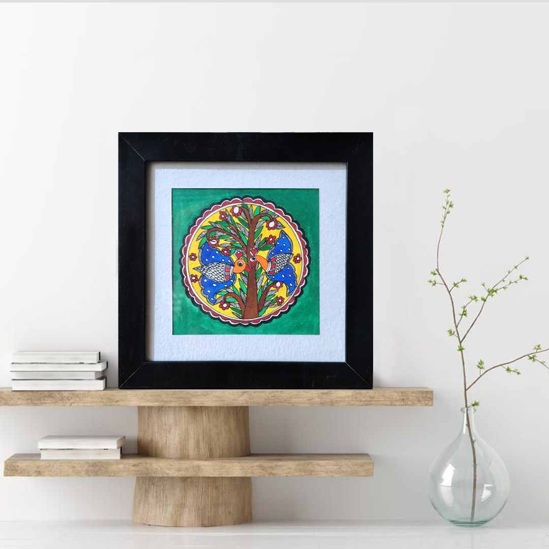 Framed Madhubani Tree of Life with Birds – Traditional Hand-Painted Folk Art