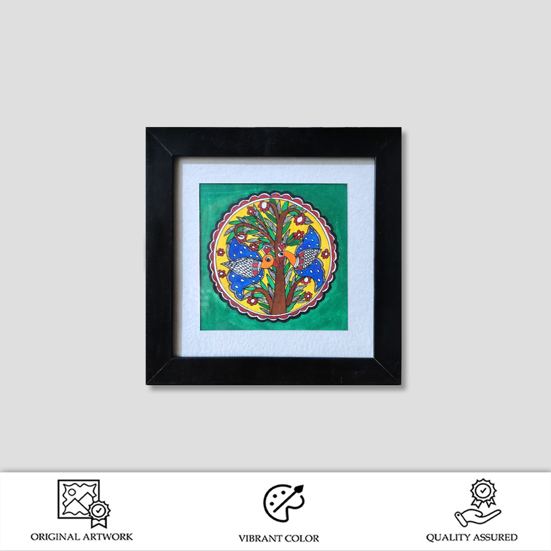 Framed Madhubani Tree of Life with Birds – Traditional Hand-Painted Folk Art - Image 2