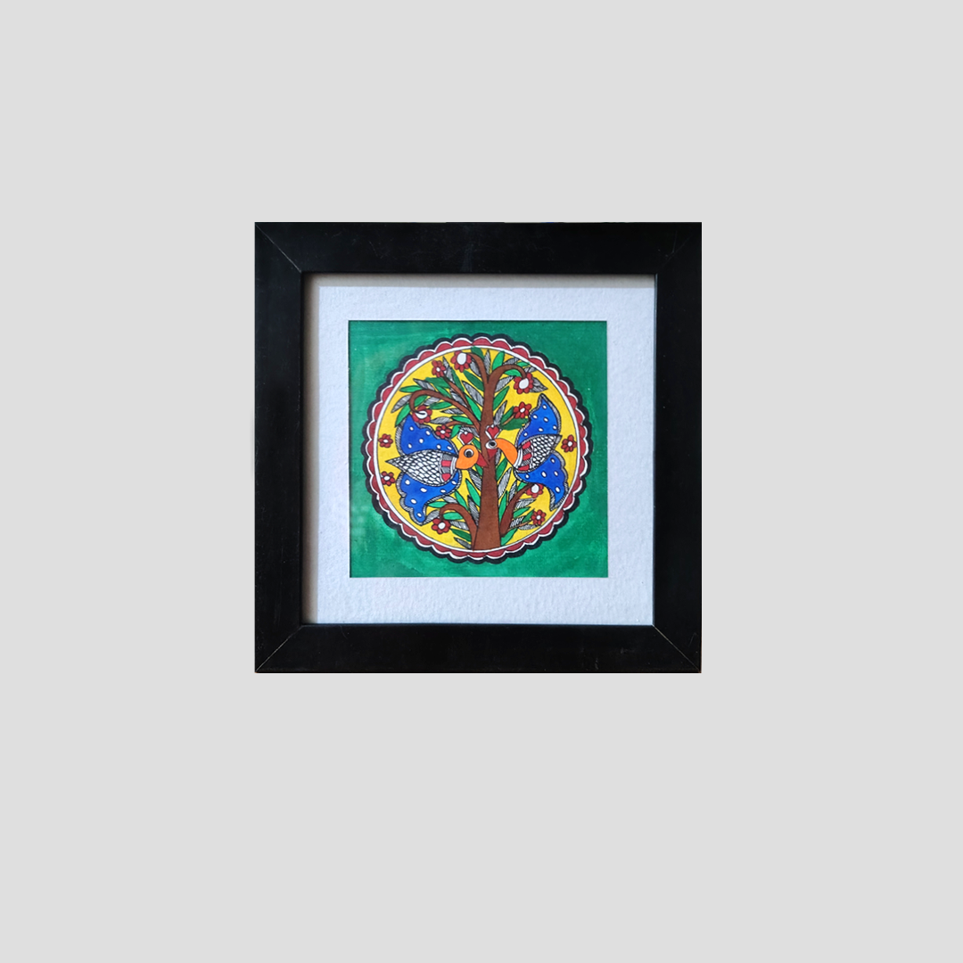 Framed Madhubani Tree of Life with Birds – Traditional Hand-Painted Folk Art - Image 3