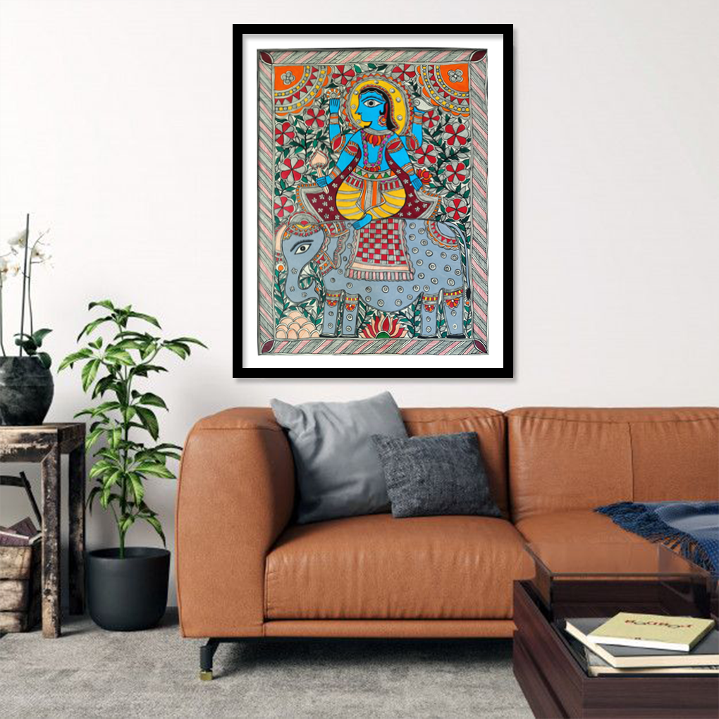 Divine Lakshmi on Elephant – Traditional Madhubani Folk Art Painting (Hand-Painted)