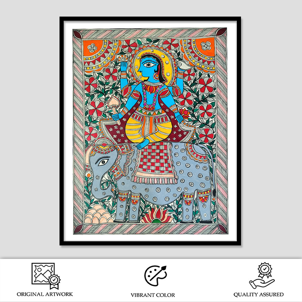 Divine Lakshmi on Elephant – Traditional Madhubani Folk Art Painting (Hand-Painted) - Image 2