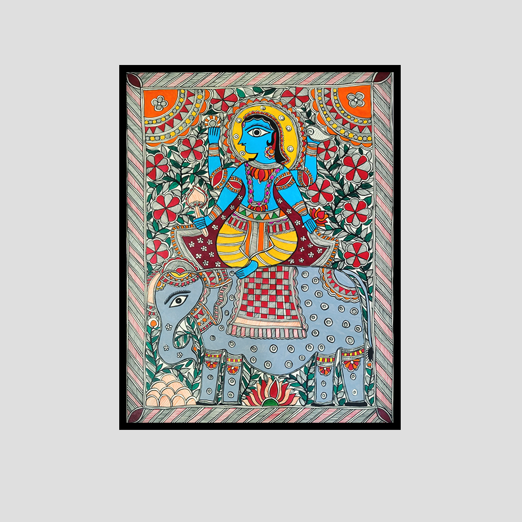 Divine Lakshmi on Elephant – Traditional Madhubani Folk Art Painting (Hand-Painted) - Image 3