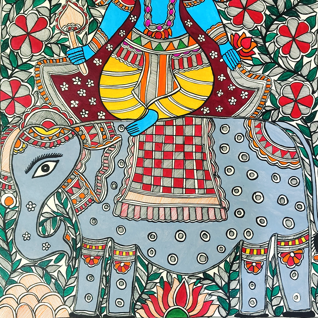 Divine Lakshmi on Elephant – Traditional Madhubani Folk Art Painting (Hand-Painted) - Image 5