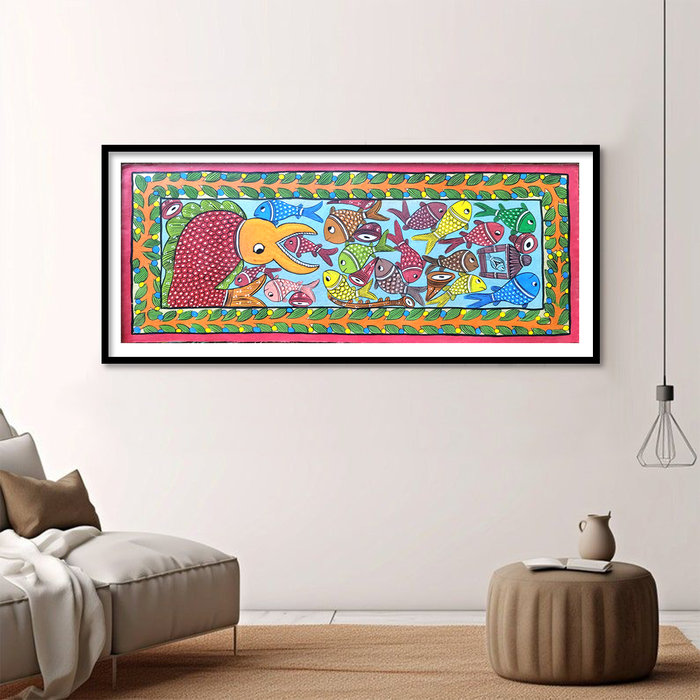 A vibrant hand-painted Pattachitra artwork featuring a playful scene of an elephant surrounded by colorful fishes