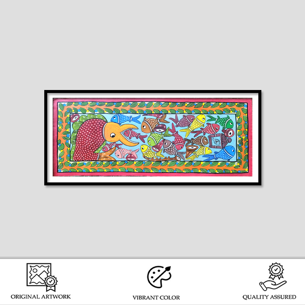 A vibrant hand-painted Pattachitra artwork featuring a playful scene of an elephant surrounded by colorful fishes - Image 2