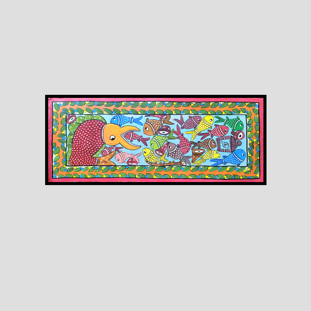 A vibrant hand-painted Pattachitra artwork featuring a playful scene of an elephant surrounded by colorful fishes - Image 3