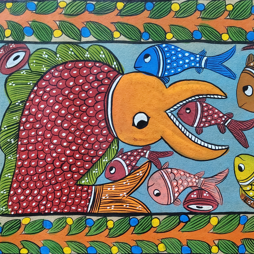 A vibrant hand-painted Pattachitra artwork featuring a playful scene of an elephant surrounded by colorful fishes - Image 4