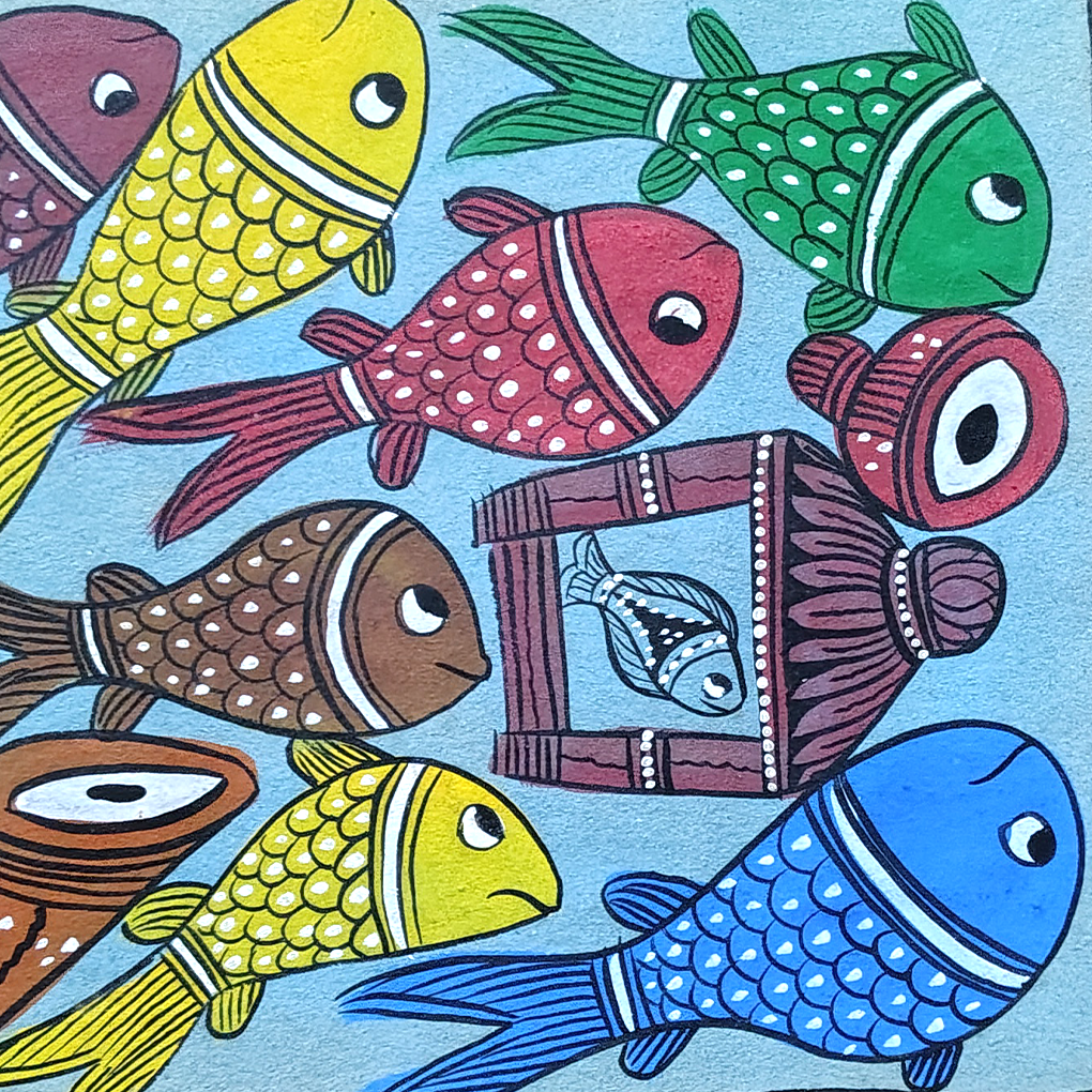 A vibrant hand-painted Pattachitra artwork featuring a playful scene of an elephant surrounded by colorful fishes - Image 5