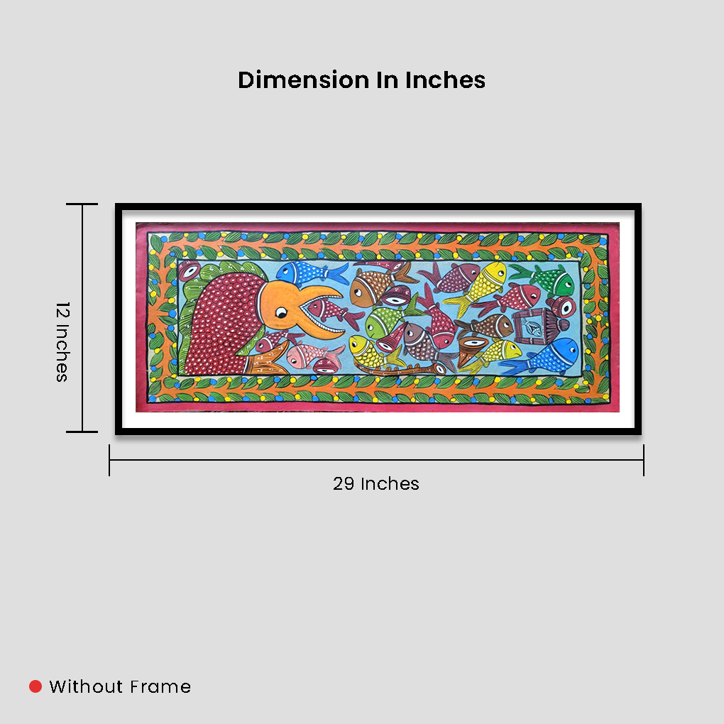 A vibrant hand-painted Pattachitra artwork featuring a playful scene of an elephant surrounded by colorful fishes - Image 6