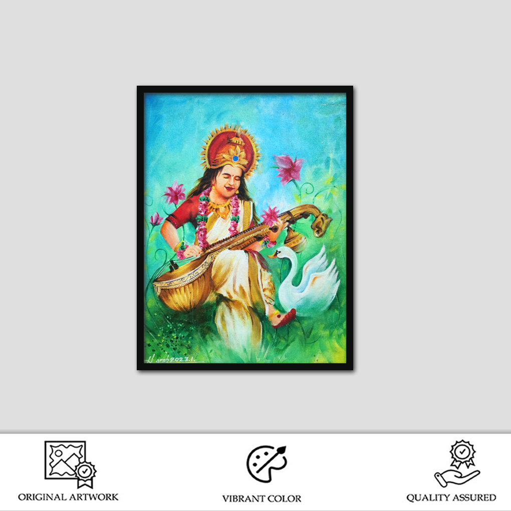 Saraswati Devi Painting – Acrylic on Canvas - Image 2