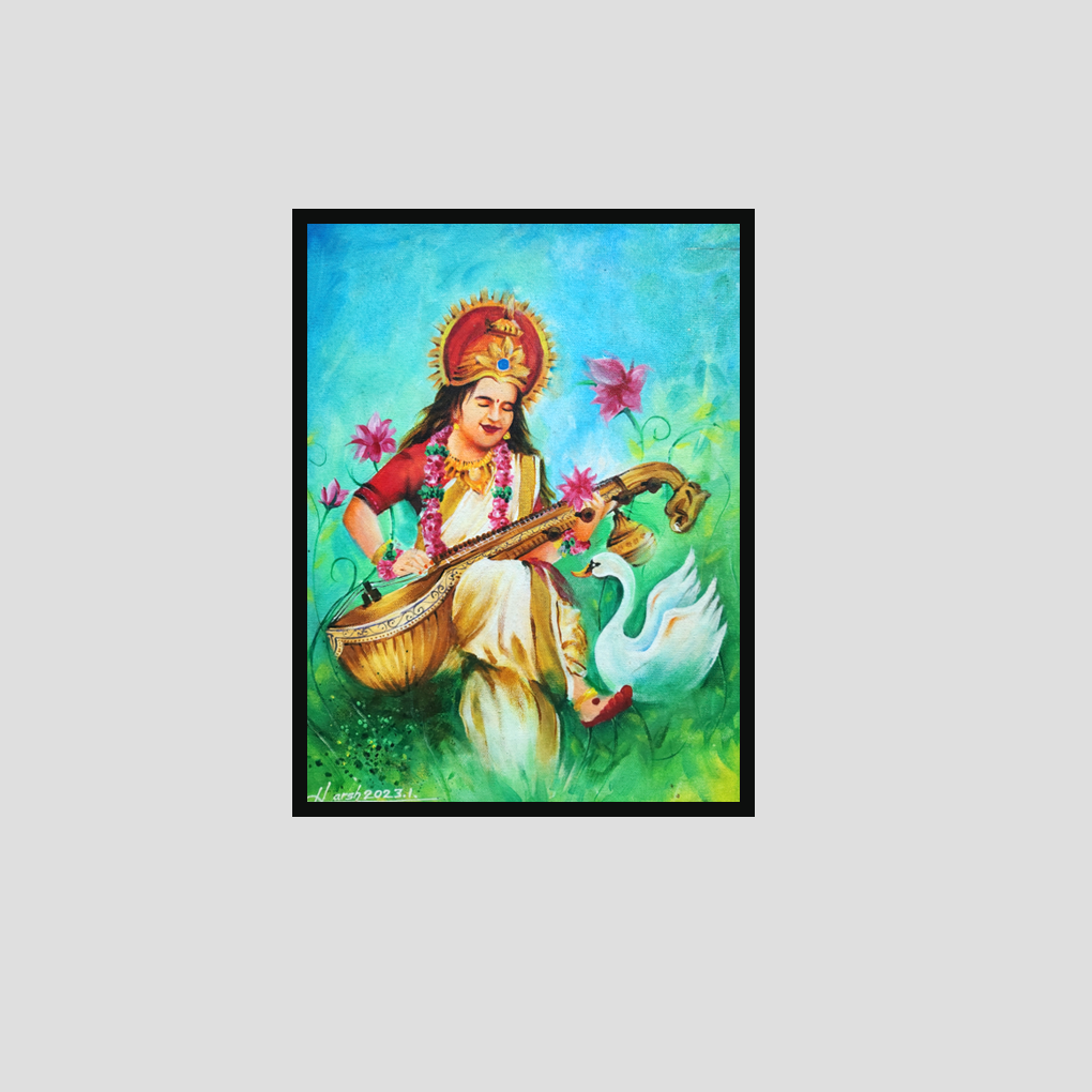 Saraswati Devi Painting – Acrylic on Canvas - Image 3