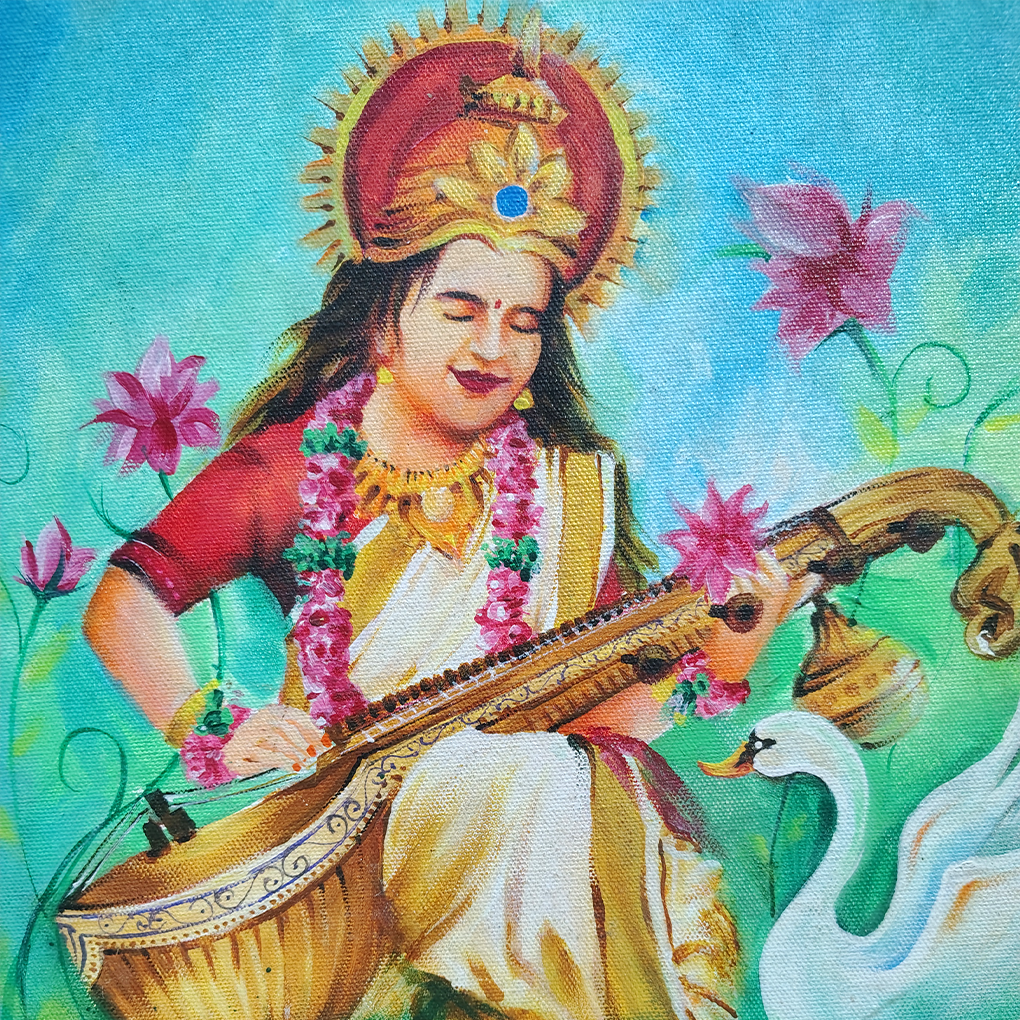 Saraswati Devi Painting – Acrylic on Canvas - Image 4