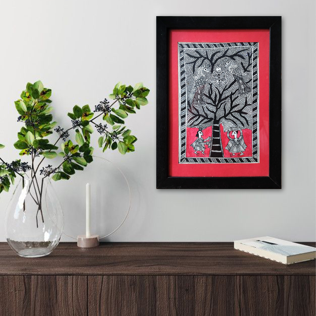 Madhubani Tree of Life Folk Painting – Hand-Painted Black & Red