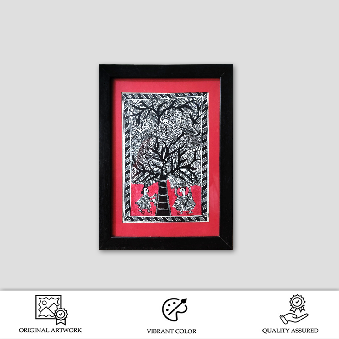 Madhubani Tree of Life Folk Painting – Hand-Painted Black & Red - Image 2