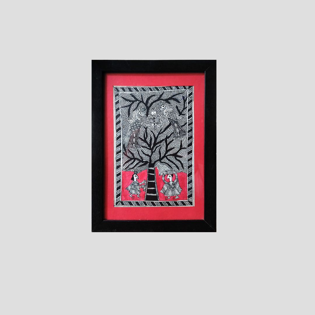 Madhubani Tree of Life Folk Painting – Hand-Painted Black & Red - Image 3