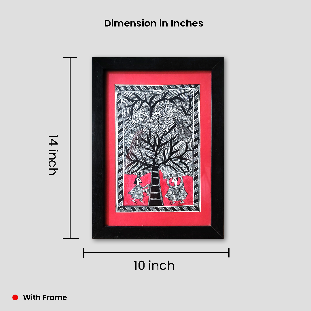 Madhubani Tree of Life Folk Painting – Hand-Painted Black & Red - Image 4